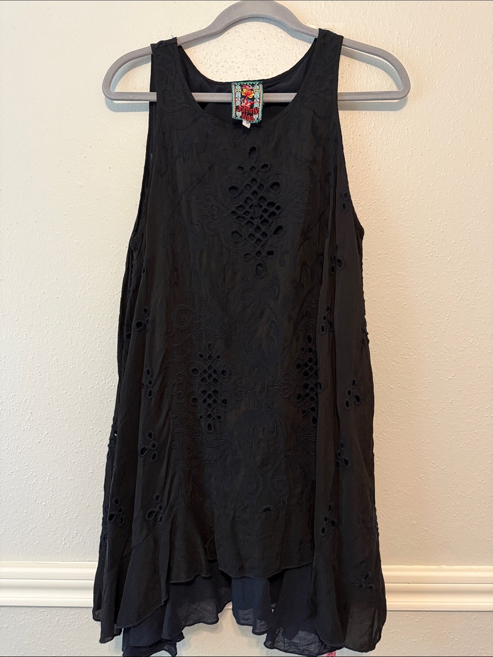 Johnny Was Black Embroidered Eyelet Mini Dress
